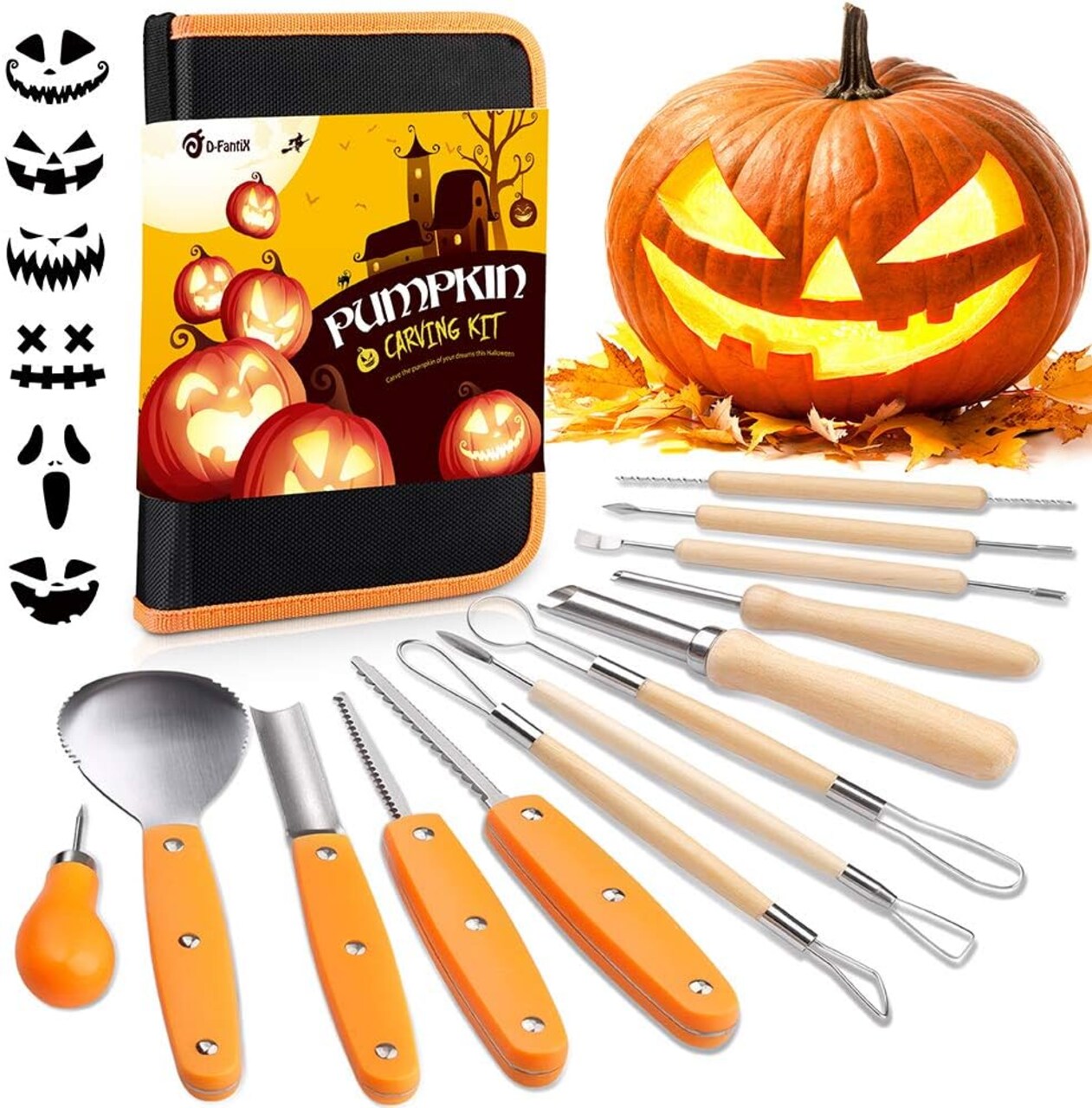 13 Pieces Professional Stainless Steel Pumpkin Carving Tools Kit with Stencils and Carrying Case - Carve Sculpt Jack-O-Lanterns Halloween Decorations DIY